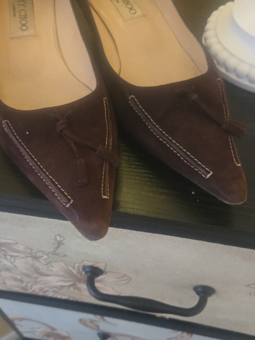 Jimmy Choo Dark Brown Suede Pointed-Toe Pumps with Knotted Accent - Picture 7 of 7